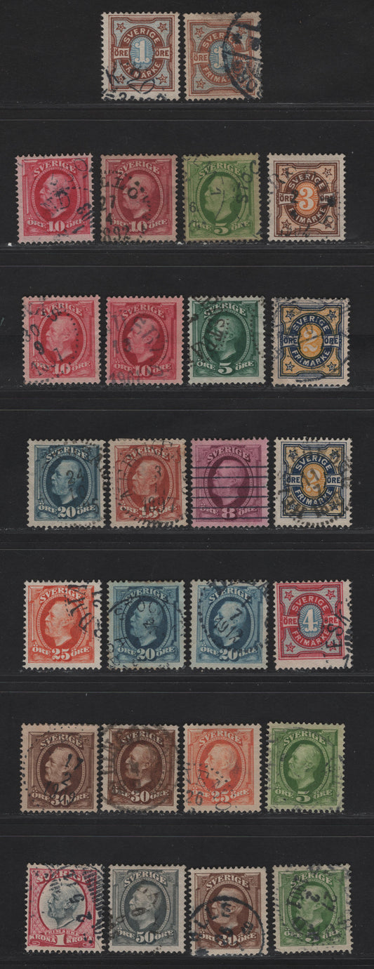 Lot 288 Sweden SC#52-56a, 57-60, 61-65 1o - 1k Brown & Ultramarine - Carmine & Slate Numerals - King Oscar II, 1891-1904 Numerals - King Oscar II Issue, 26 Fine/Very Fine Used SIngles, Additional Shades