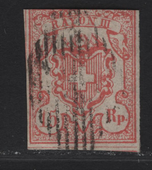 Lot 289 Switzerland SC#12 15r Vermillion Cross, 1852 Federal Administration Cross Issue, A Very Good Used Single