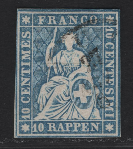 Lot 290 Switzerland SC#37 10r Blue Struebel, 1858-1862 Struebel Issue, A Very Good Used Single, Green Silk Thread, Rough Impression, Margins Not Clear Of Any Frameline, But Not Into Design.