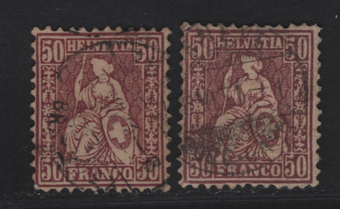 Lot 294 Switzerland SC#50b 50c Violet & Red Violet Sealted Helvetia, 1862-1878 Seated Helvetia Issue, 2 Fine Used Single, Light Wrinkle Ar LR