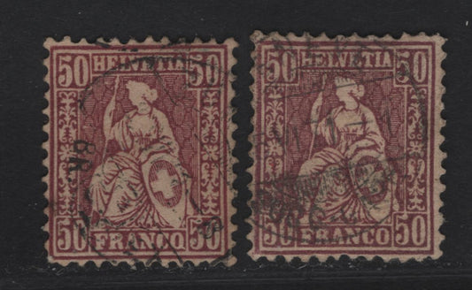 Lot 294 Switzerland SC#50b 50c Violet & Red Violet Sealted Helvetia, 1862-1878 Seated Helvetia Issue, 2 Fine Used Single, Light Wrinkle Ar LR