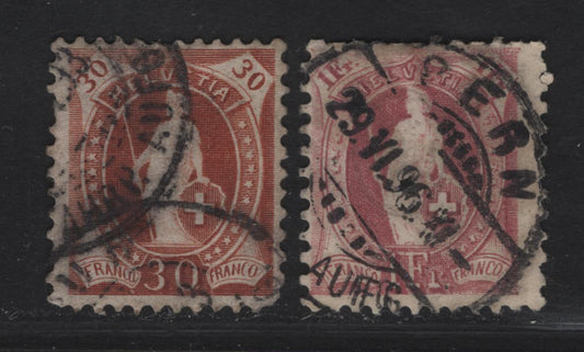 Lot 300 (C) Switzerland SC#95c, 97c 30c Orange Brown & Claret Standing Helvetica, 1891-1903 Standing Helvetica Issue, 2 Very Good Used Singles, Thick Cross Wmk (Type 1), Perf 11.5x11