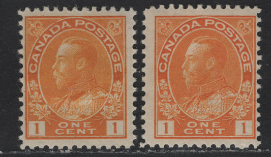 Lot 3 Canada #105, 105i 1c Orange Yellow & Chrome Yellow King George V, 1911-1925 Admiral Issue, 2 FOG Singles, Wet Printings, Die 1, Retouched Framelines.