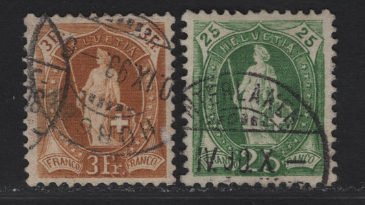 Lot 306 Switzerland SC#83, 88 25c - 3fr Green - Yellow Brown Standing Helvetica, 1882-1904 Standing Helvetica Issue, 2 Very Fine Used Singles, Thick Cross Wmk, Perfs 11.5-11.75