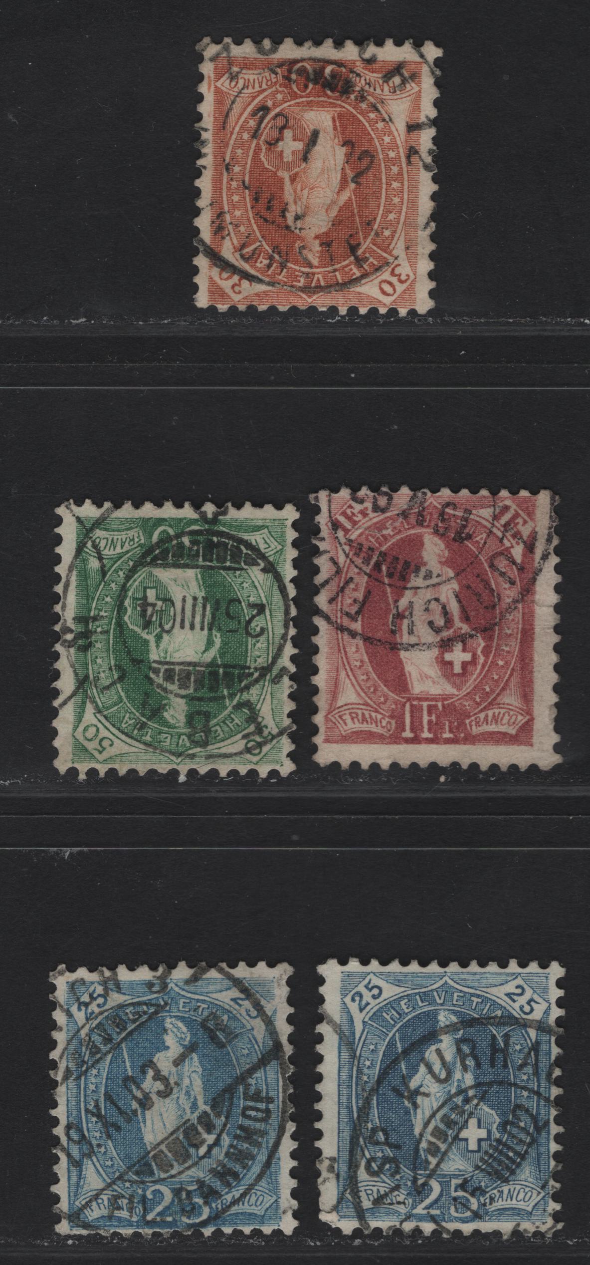 Lot 307 (C) Switzerland SC#94a, 96a, 95a, 87b 25c - 1fr Blue - Claret Standing Helvetica, 1901-1903 Standing Helvetica Issue, 5 Fine Used Singles, Thin Cross Wmk, Perf 11.5x12, Two Shades Of 25c.
