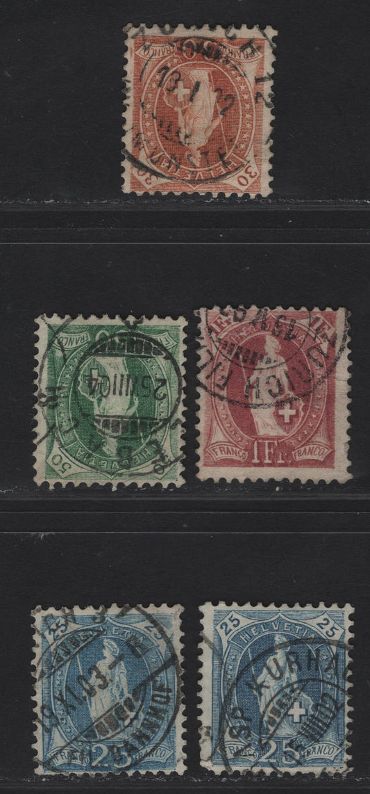 Lot 307 (C) Switzerland SC#94a, 96a, 95a, 87b 25c - 1fr Blue - Claret Standing Helvetica, 1901-1903 Standing Helvetica Issue, 5 Fine Used Singles, Thin Cross Wmk, Perf 11.5x12, Two Shades Of 25c.