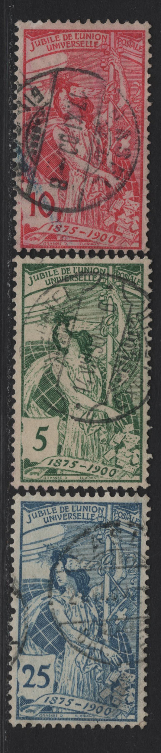 Lot 308 Switzerland SC#98-100 5c - 25c Gray Green - Blue UPU, 1900 UPU Issue, 3 Fine/Very Fine Used Singles