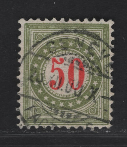 Lot 309 (C) Switzerland SC#J33b 50c Bright Red & Greenish Olive Numerals, 1907-1910 Postage Dues, A Very Fine Used Single, Crosses Wmk (Type II), Normal Frame