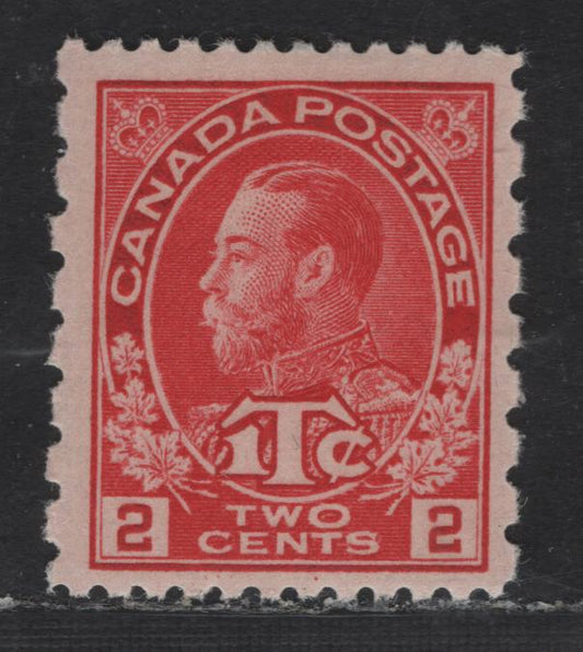 Lot 31 (C) Canada #MR5i 2c + 1c Bright Rose Red King George V, 1915-1916 War Tax Issue, A FNH Single, Retouched Frameline.