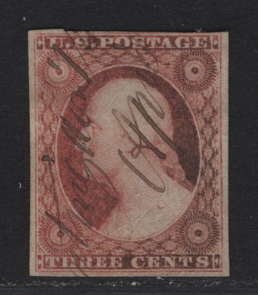 Lot 314 United States SC#11 3c Dull Red Franklin, 1855-1862 Presidental Issue, A Fine Used Imperf Single, Type 1, Margins Clear To Just Touching At Upper Right
