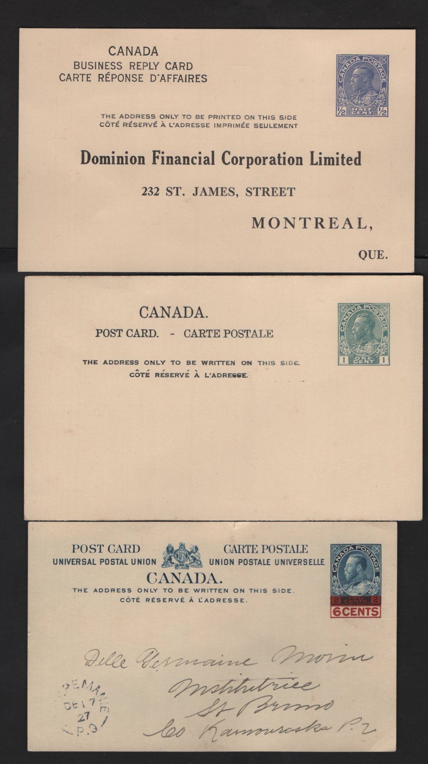 Lot 34 Canada #UX36, UX26a, UX27a 1/2c, 1c & 6c on 2c Blue - Green King George V, 1911-1925 Admiral Issues, 3 Very Fine Used Postcards With Singles, Types 10, 8 & 17, All Mint Except The Surcharge, Which is Used In 1927, 2 Years Out of Period.