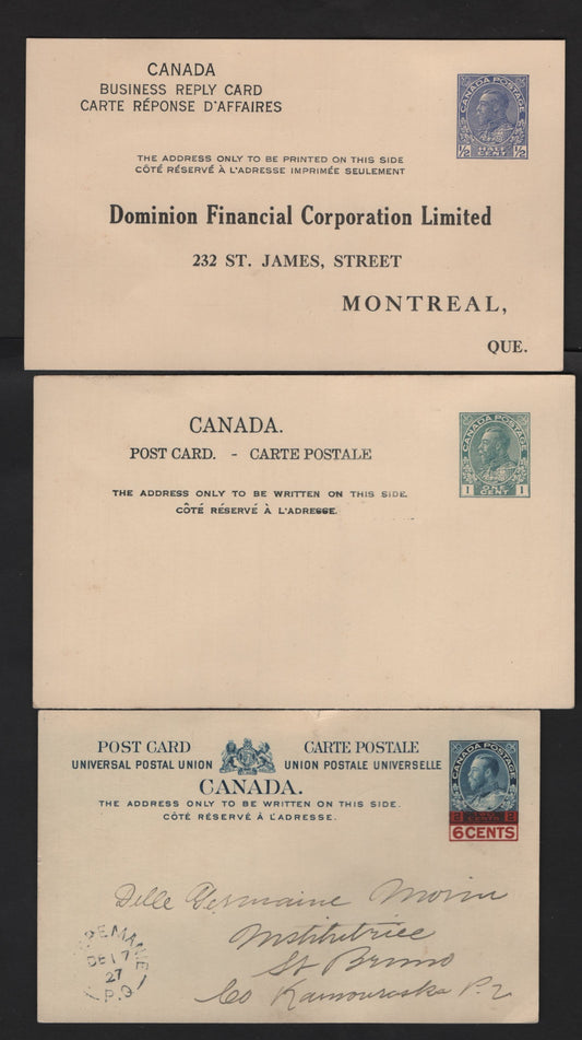 Lot 34 Canada #UX36, UX26a, UX27a 1/2c, 1c & 6c on 2c Blue - Green King George V, 1911-1925 Admiral Issues, 3 Very Fine Used Postcards With Singles, Types 10, 8 & 17, All Mint Except The Surcharge, Which is Used In 1927, 2 Years Out of Period.