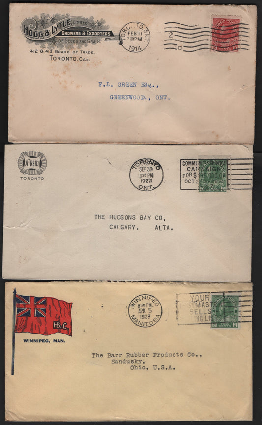Lot 35 Canada #106c, 107e, 128ii 2c Rose Carmine - Green King George V, 1911-1925 Admiral Issues, 3 Generally Fine Postcards With Singles, Corner Card Advertising, Generally Fine With Covers Having Light Creases & Small Edge Tears.