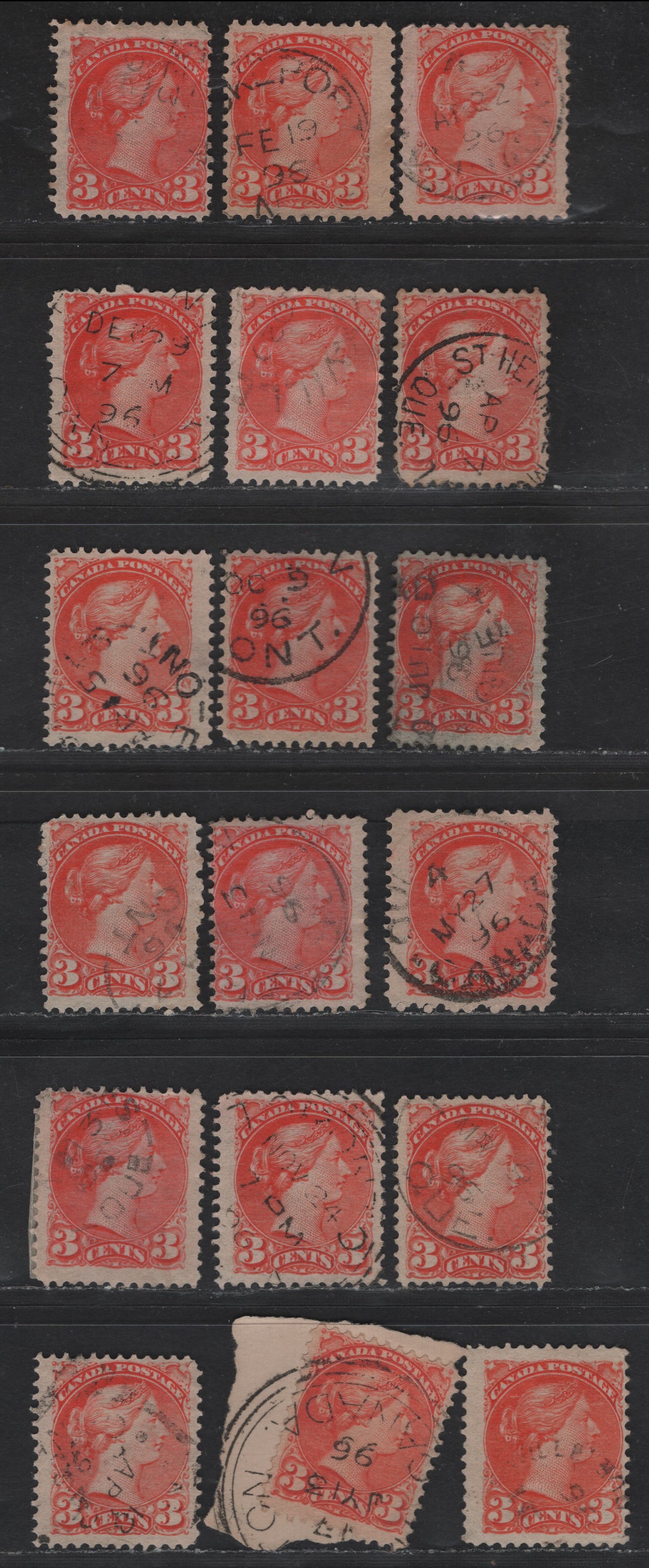 Lot 40 Canada #41 3c Orange Vermillion Queen Victoria, 1870-1893 Small Queen Issue, 10 Fine Used Singles, Late Second Ottawa Printings, 1896 Dated Cancels, Various Shades (Including One Aniline), Unchecked For Paper Types.