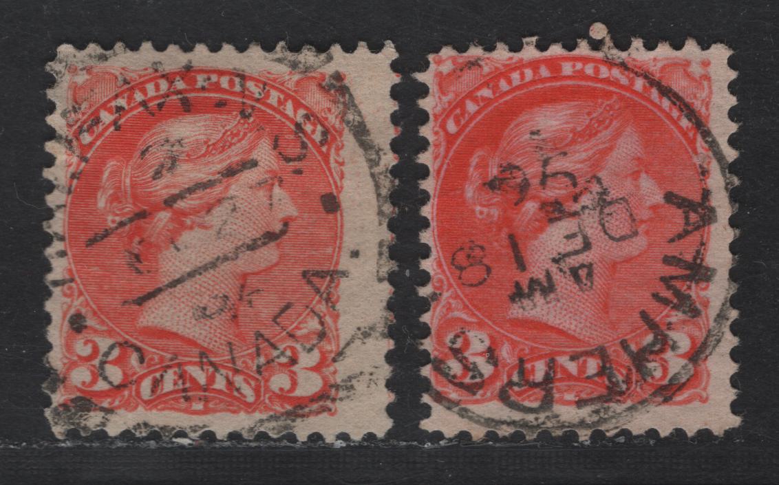 Lot 41 Canada #41 3c Orange Vermillion & Aniline Orange Vermillion Queen Victoria, 1870-1893 Small Queen Issue, 2 Fine Used Singles, Late Second Ottawa Printings, Paper 2O-AA, SON Halifax Type B Squared Cancel December 18 1896 & Amherst NS CDS.