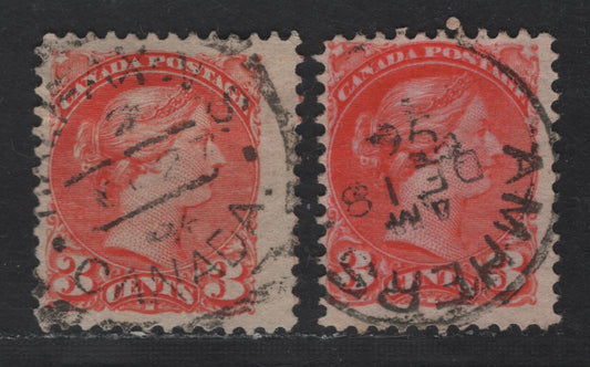 Lot 41 Canada #41 3c Orange Vermillion & Aniline Orange Vermillion Queen Victoria, 1870-1893 Small Queen Issue, 2 Fine Used Singles, Late Second Ottawa Printings, Paper 2O-AA, SON Halifax Type B Squared Cancel December 18 1896 & Amherst NS CDS.