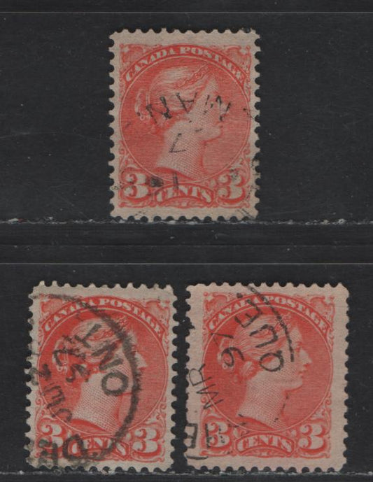 Lot 43 Canada #41 3c Orange Vermillion & Deep Orange Vermillion Queen Victoria, 1870-1893 Small Queen Issue, 3 Fine/Very Fine Used Singles, Late Second Ottawa Printings, 1897 Dated Cancels, Paper 2O-GG,One With A Single Pulled Perf.