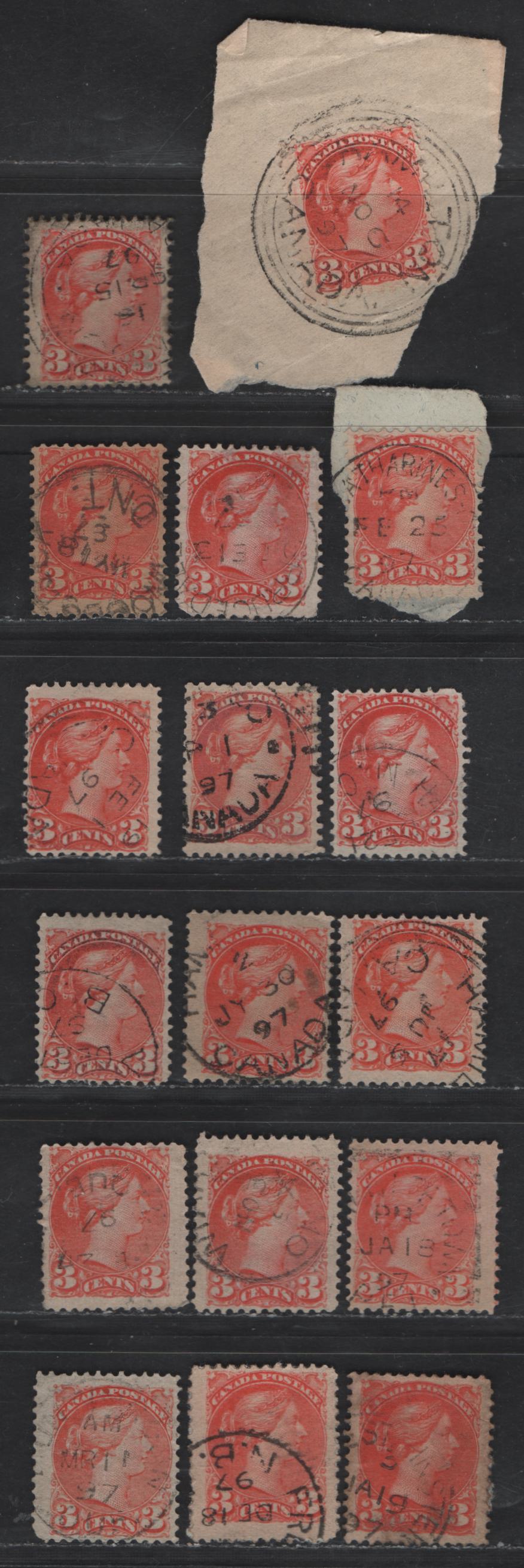 Lot 85 Canada #41 3c Orange Vermillion Queen Victoria, 1870-1893 Small Queen Issue, 17 Fine Used Singles, Late Second Ottawa Printings, 1897 Dated Cancels, Various Shades, Unchecked For Papers.