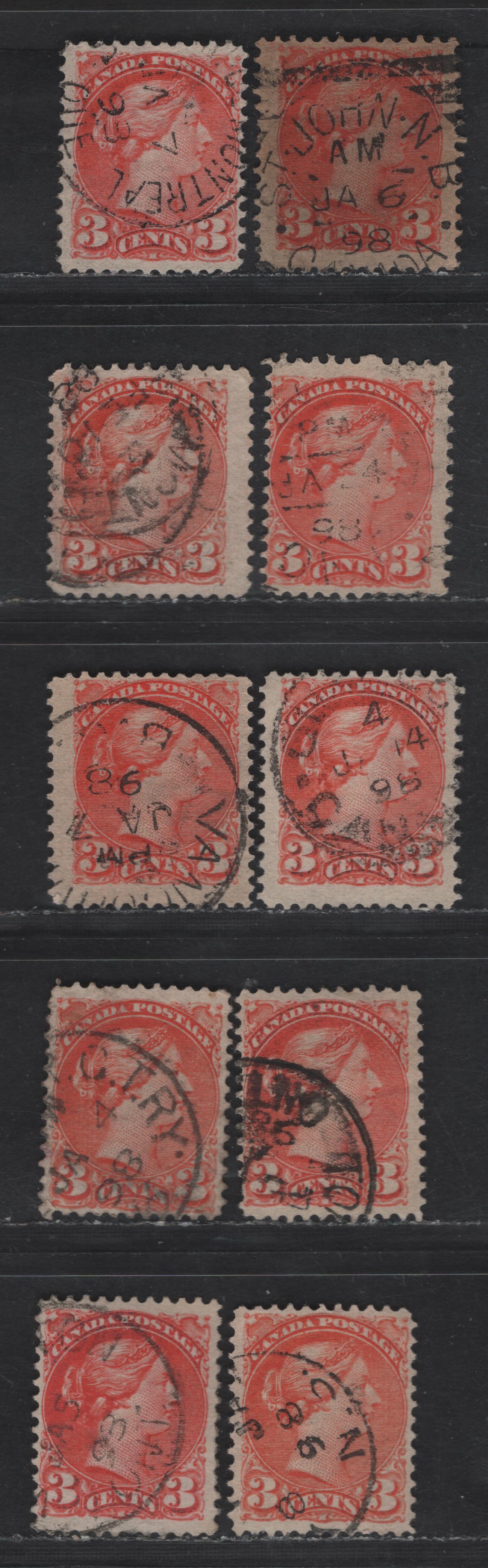 Lot 47 Canada #41 3c Orange Vermillion Queen Victoria, 1870-1893 Small Queen Issue, 10 Fine Used Singles, Late Second Ottawa Printings, 1898 Dated Cancels, Various Shades & Unchecked For Paper Types.