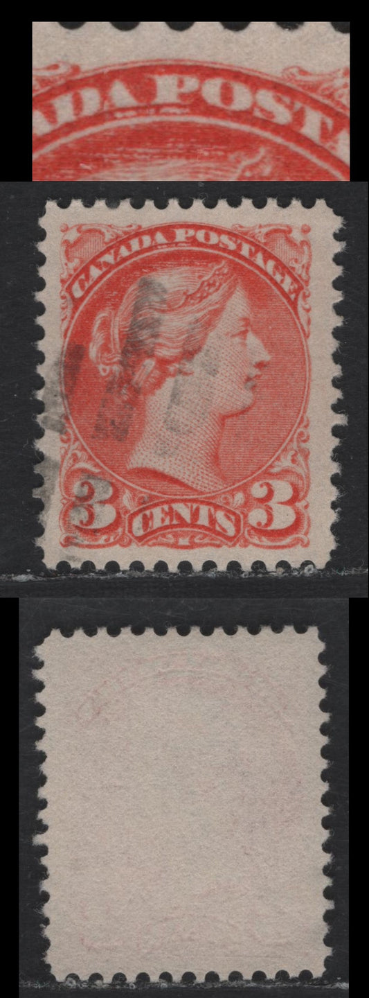 Lot 50 Canada #41 3c Deep Orange Vermillion Queen Victoria, 1870-1893 Small Queen Issue, A Very Fine Used Single, Early to Mid Second Ottawa Printing, Paper 2O-F, Scarce Paper For This Period.