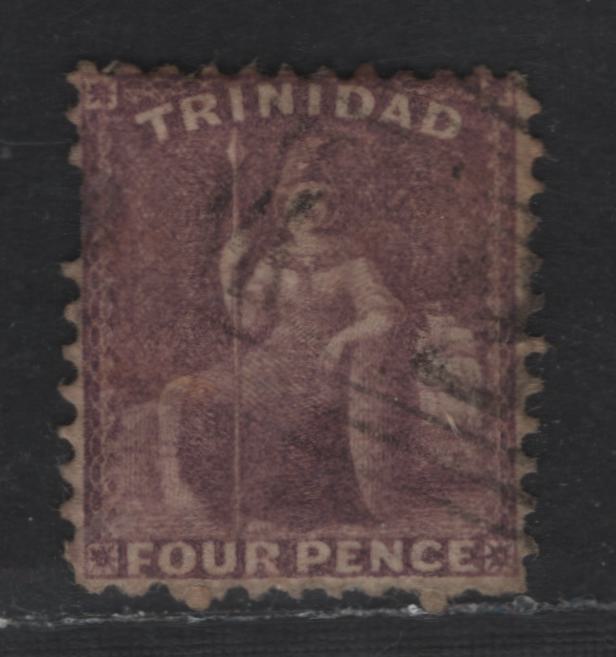 Lot 55 Trinidad SG#61 4d Deep Purple Britannia, 1862-1863 Britannia Issue, A Very Good Used Single, Thick Paper, Perf 12, Unwatermarked, Some Toning, 2 Pulled Perfs.