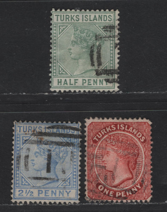 Lot 64 Turks & Caicos SG#63, 65, 70 1d - 1/2d Lake - Dull Green Queen Victoria, 1889-1895 Queen Victoria Courbould Heads & Keyplates, 3 Fine/Very Fine Used Singles