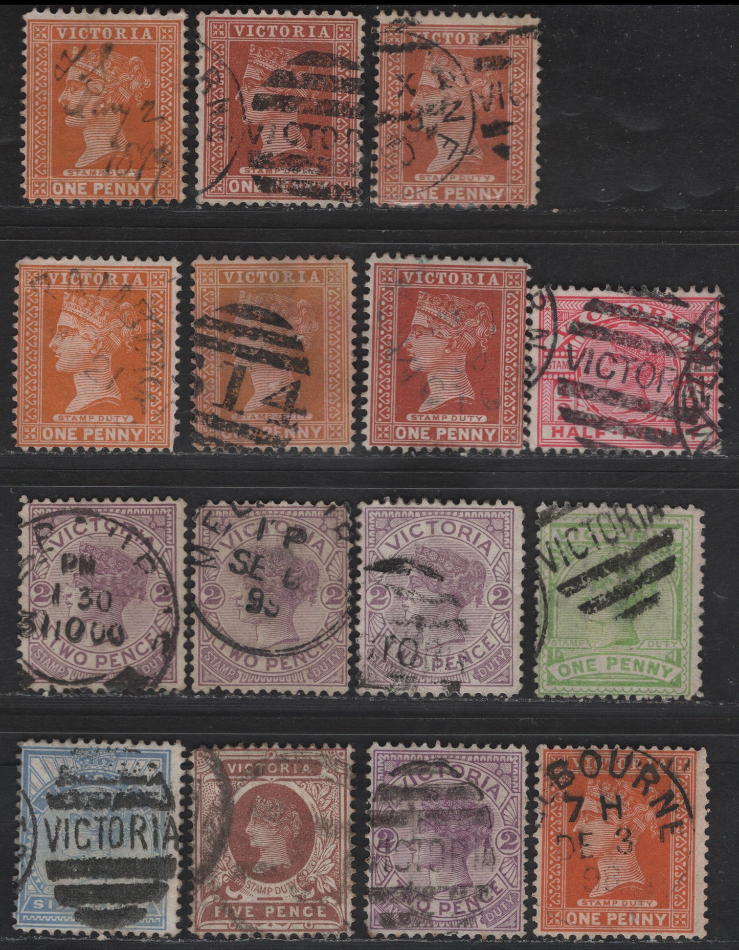 Lot 65 Australia (Victoria) SG#311, 313-e, 314-c, 317a, 318b 1/2d - 6d Pink - Dull Blue Queen Victoria, 1886-1896 Stamp Duty Issue, 15 Fine Used Singles, V over Crown Wmk (#33) No Points, Wide Base, Most All Gibbons Listed 1d Shades