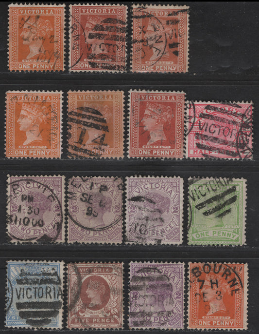 Lot 65 Australia (Victoria) SG#311, 313-e, 314-c, 317a, 318b 1/2d - 6d Pink - Dull Blue Queen Victoria, 1886-1896 Stamp Duty Issue, 15 Fine Used Singles, V over Crown Wmk (#33) No Points, Wide Base, Most All Gibbons Listed 1d Shades
