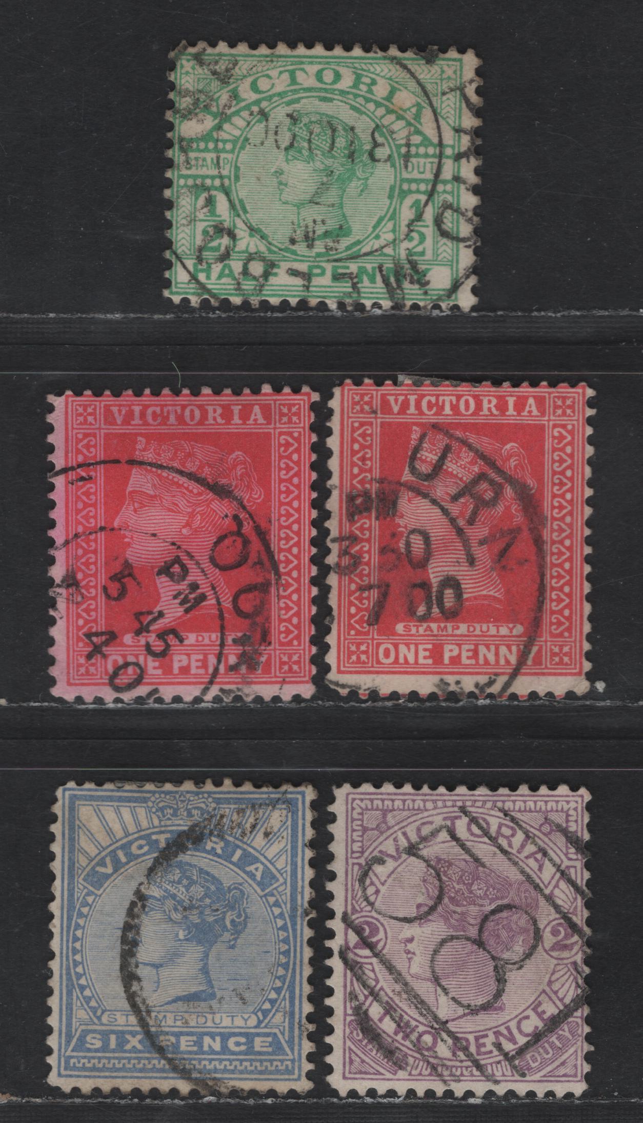 Lot 67 (C) Australia (Victoria) SG#356-357a, 359, 365 1/2d - 6d Emerald - Dull Blue Queen Victoria, 1899-1901 Stamp Duty Issue, 5 Fine Used Singles, Crown under V With Wide Top Crown (Wmk 85), 2d With Small Internal Wrinkle, Both Shades Of 1d