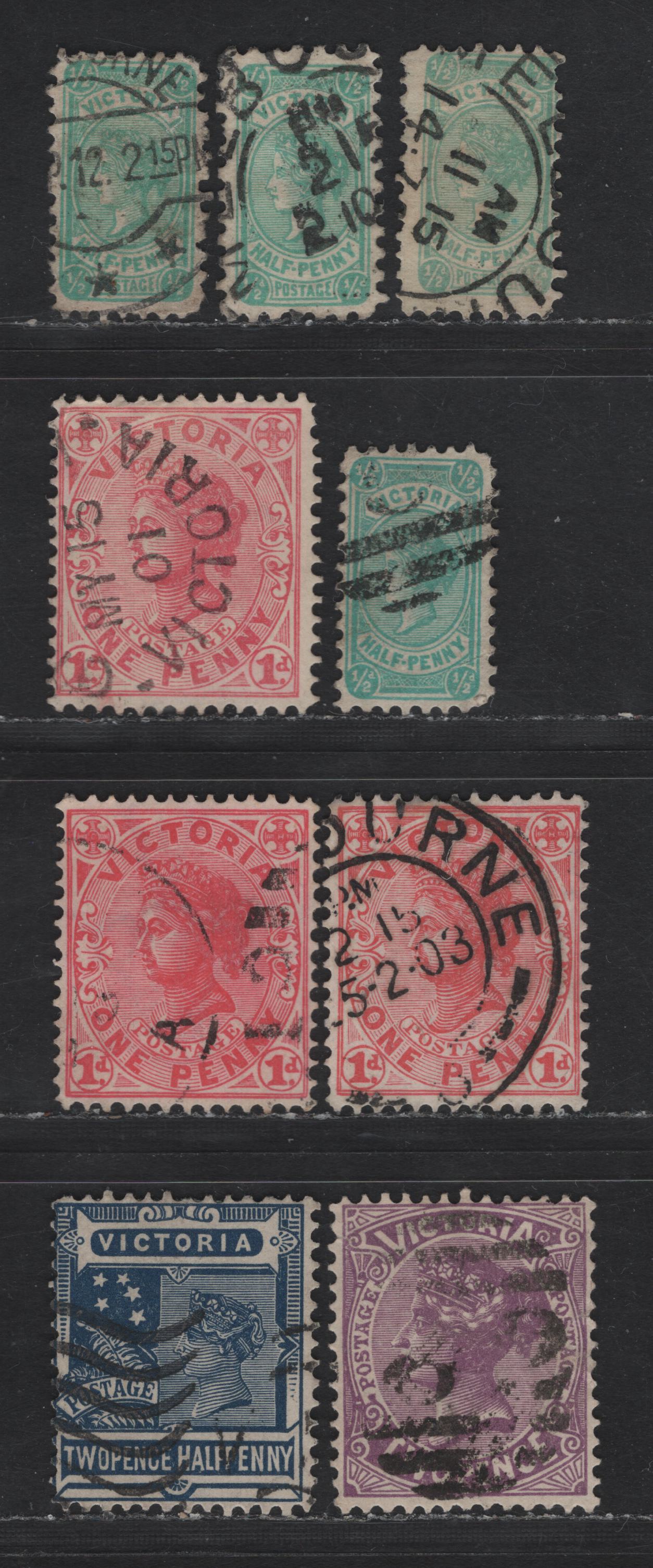 Lot 68 Australia (Victoria) SG#384c, 401c, 384, 385b, 385c, 384b, 387 1/2d - 2.5d Emerald - Dull Blue Queen Victoria, 1901-1910 Postage Issue, 9 Fine/Very Fine Used Singles, V over Crown Wmk, Dies 1-3 Of 1/2d, Perf 11.5 Type 3, 1d Dies 2 & 3, 2d Die 1.