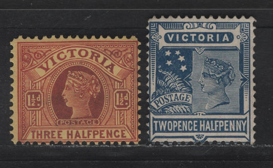 Lot 69 Australia (Victoria) SG#386ba, 388a 1.5d - 2.5d Maroon on Yellow Buff - Deep Blue Queen Victoria, 1901-1910 Postage Issue, 2 FOG Singles, V over Crown Wmk