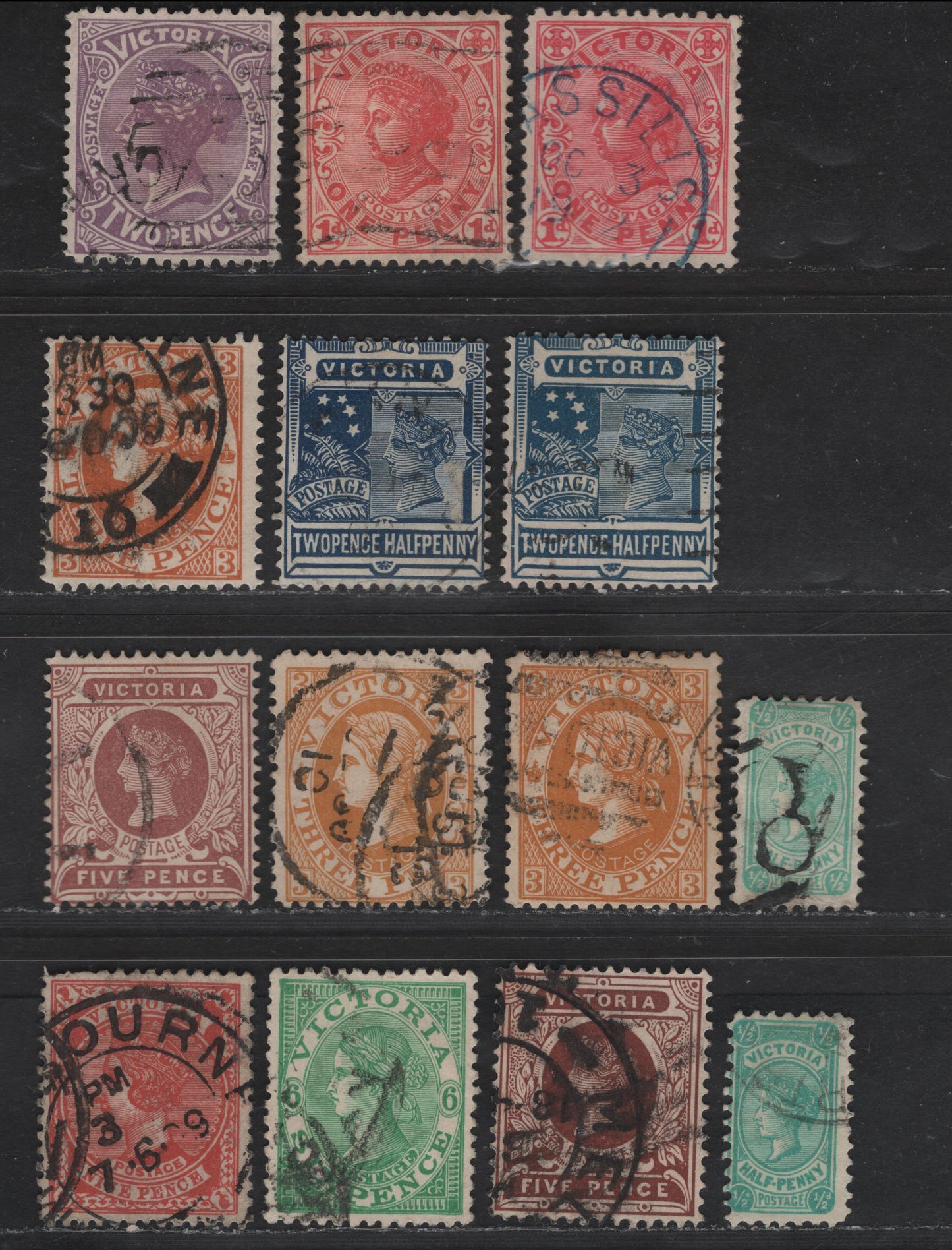 Lot 70 (C) Australia (Victoria) SG#384,c, 385, 387, 388-a, 389,a, 391-393 1/2d - 9d Emerald - Dull Rose Red Queen Victoria, 1901-1910 Postage Issue, 14 Very Fine Used Singles, V over Crown Wmk, Includes Additional Shades, Dies 1 & 3 of 1/2d & Die 3 of 1d.