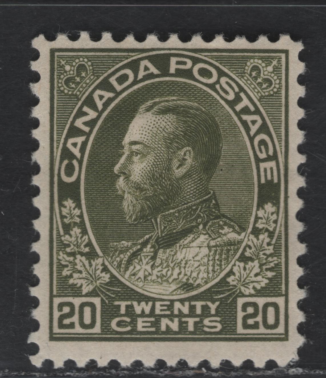 Lot 7 Canada #119b 20c Deep Sage Green King George V, 1911-1925 Admiral Issue, A FOG Single, Wet Printing, Normal Frameline.