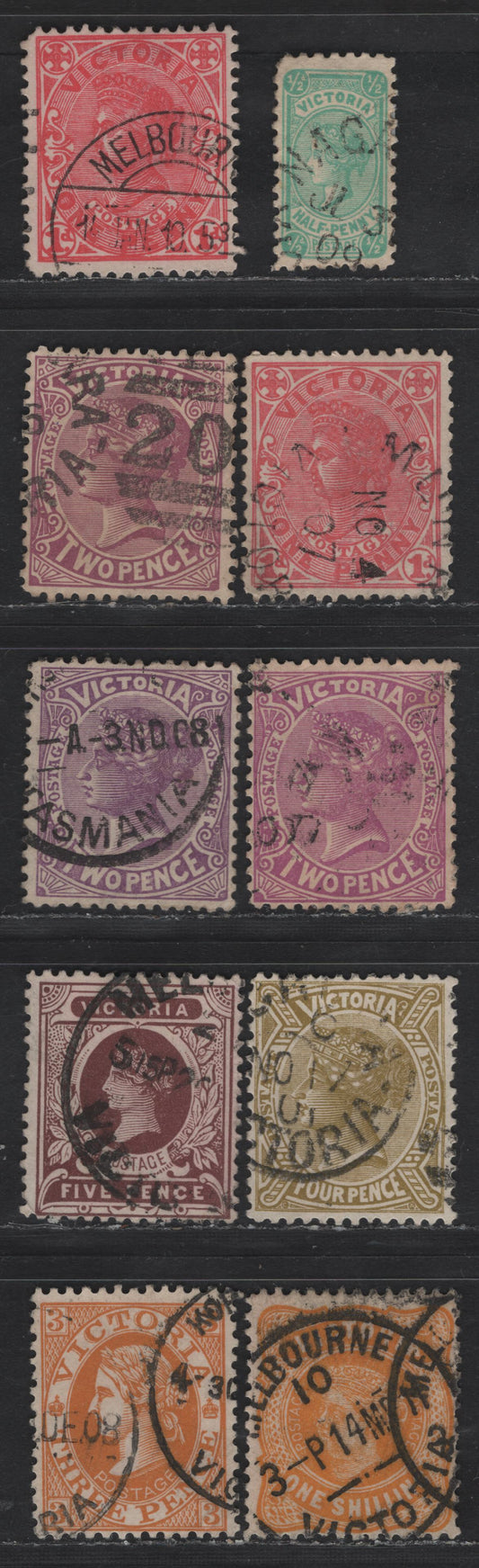 Lot 72 Australia (Victoria) SG#416-417a, 418,b,c, 420a, 421, 422, 425a 1/2d -1/- Blue Green - Yellow Orange Queen Victoria, 1905-1913 Postage Issue, 10 Fine/Very Fine Used Singles, Crown over A Wmk, Includes 3d Yellow Orange & 2d Shades