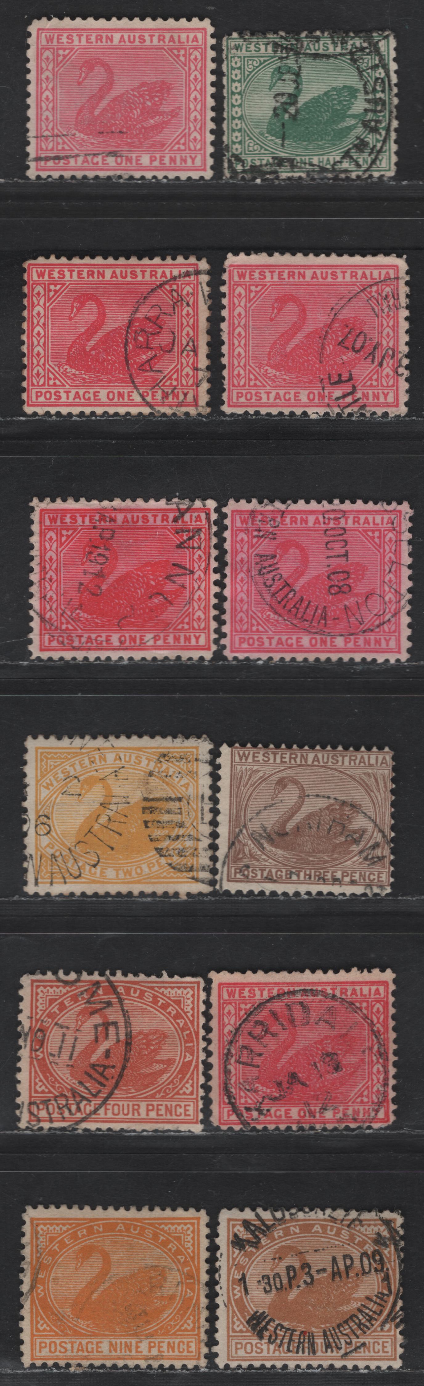 Lot 75 Western Australia SG#138, 139-b, 141, 142a-b, 145 1/2d - 9d Green - Orange Swans, 1905-1912 Swans & Queen Victoria Issue, 11 Fine/Very Fine Used Singles, Crown over A Wmk, Includes Additional Shades