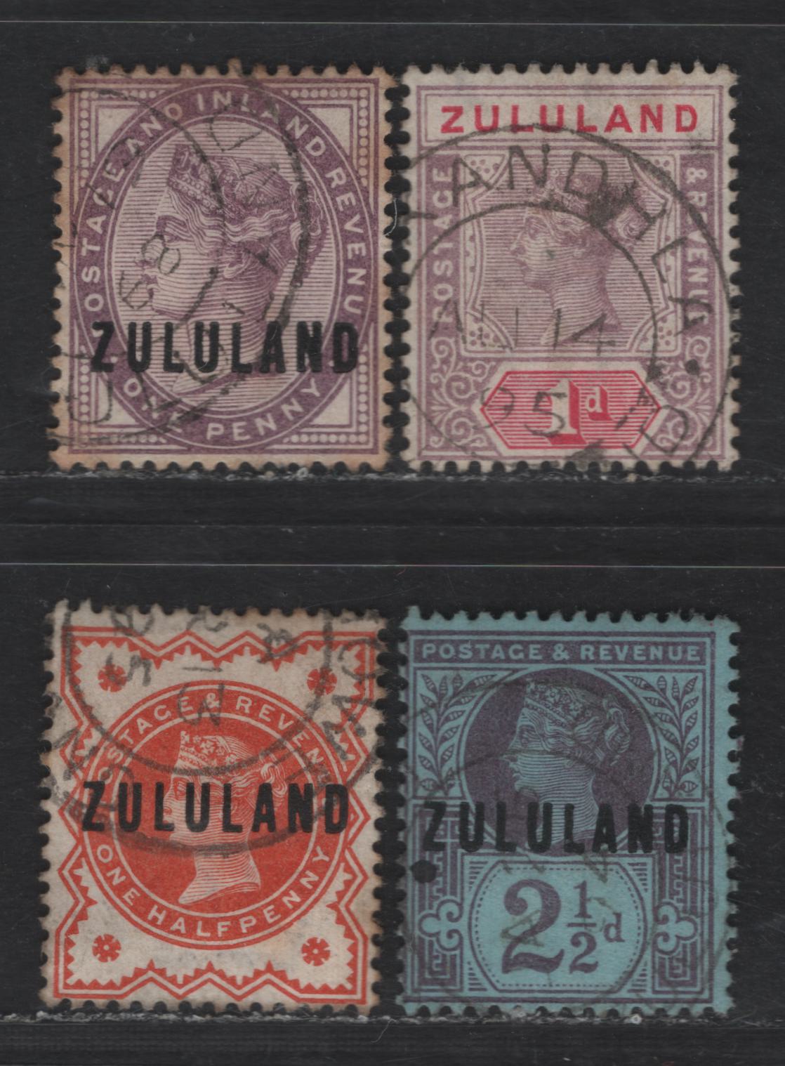 Lot 77 Zululand SG#1-2, 4, 21 1/2d -1d Vermillion -Dull Mauve & Carmine Queen Victoria, 1888-1892 Overprinted GB Jubilee & Imperium Keyplate, 4 Fine/Very Fine Used Singles, Some Toning On 1d