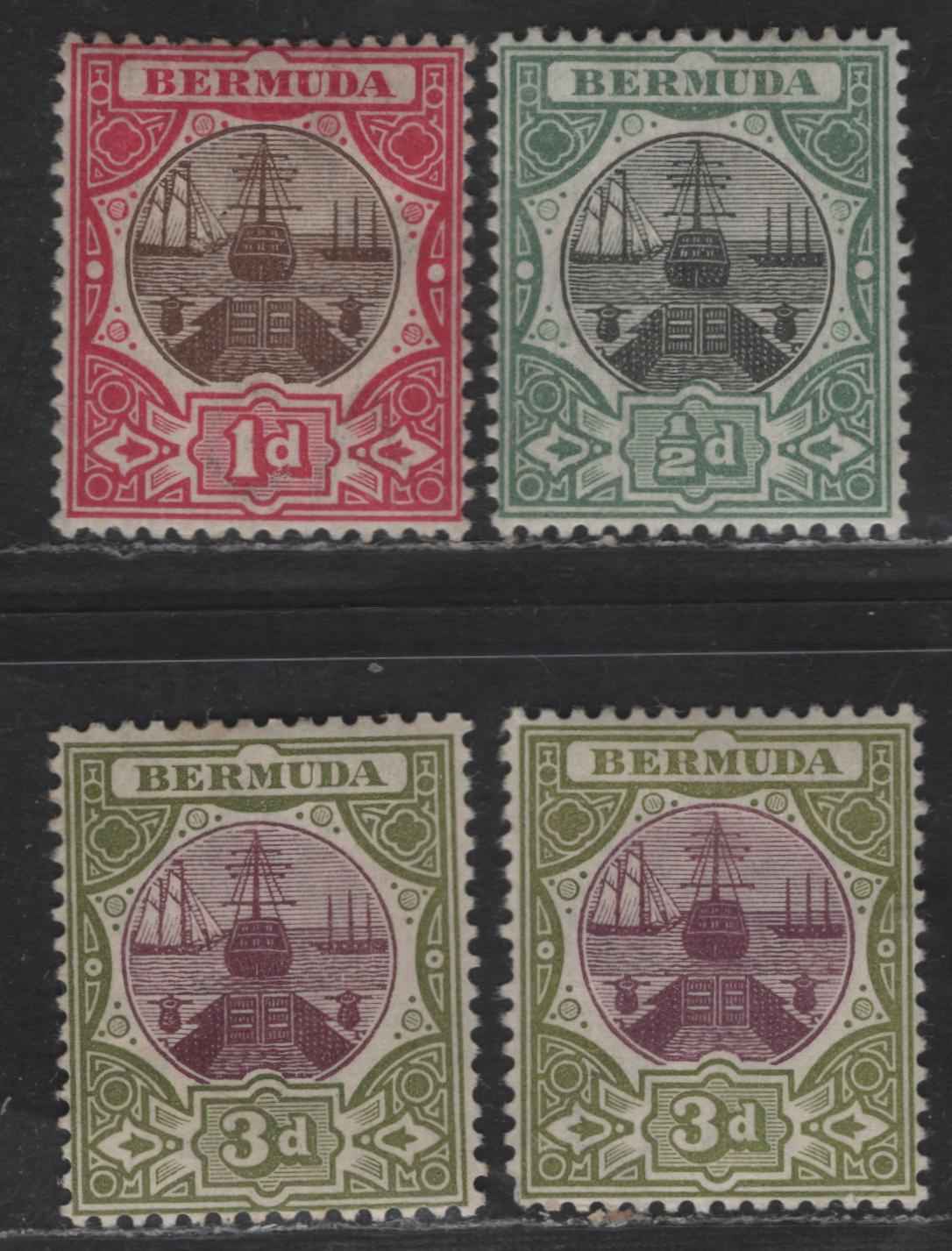 Lot 79 Bermuda SG#31-33 1/2d - 3d Black & Green - Magenta & Sage Green Dry Docks, 1902-1903 Dry Dock Issue, 4 F/VFOG Singles, Crown CA Wmk, 2 Shades Of 3d