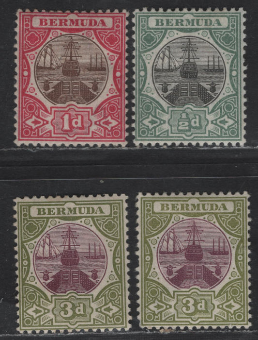 Lot 79 Bermuda SG#31-33 1/2d - 3d Black & Green - Magenta & Sage Green Dry Docks, 1902-1903 Dry Dock Issue, 4 F/VFOG Singles, Crown CA Wmk, 2 Shades Of 3d