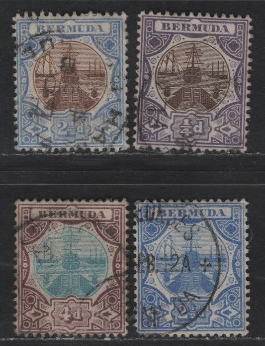 Lot 80 Bermuda SG#34, 40, 42 1/4d - 4d Brown & Violet - Blue & Chocolate Dry Docks, 1906-1910 Dry Dock Issue, 3 Very Fine Used Singles