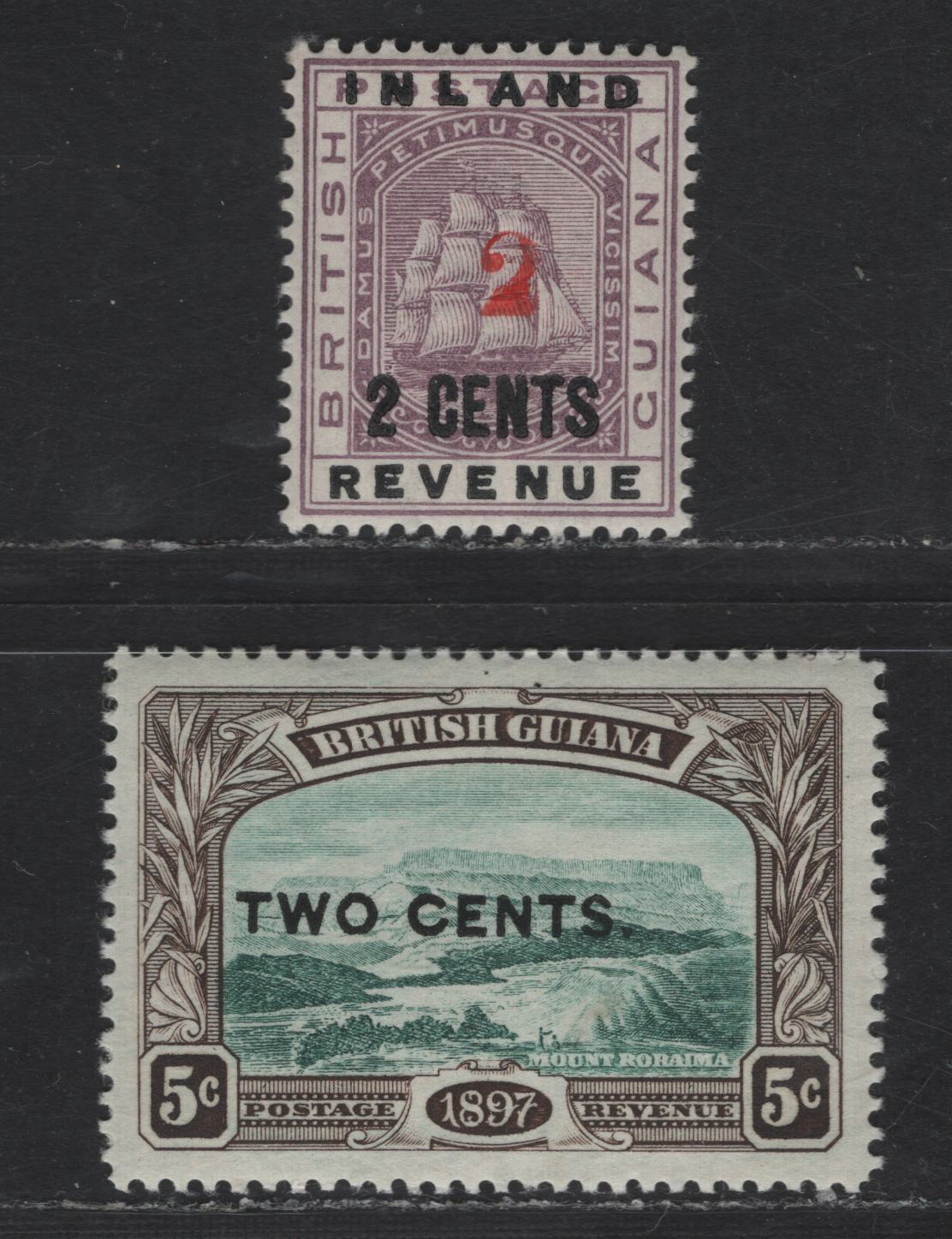 Lot 81 (C) British Guiana SG#192, 222w 2c on 2c - 5c on 5c Dull Purple - Deep Green & Sepia Ship - Mount Roraima, 1889-1899 Surcharge Issues, 2 VFNH Singles, Crown To Left of CA Instead Of Right
