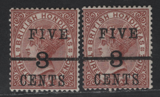 Lot 82 British Honduras SG#4a 5c on 3c on 3d Red Brown Queen Victoria, 1891 Surcharged Issue, 2 F/VFOG Singles, Break In Surcharge Bar & Partial Doubling Of Surcharge Bar