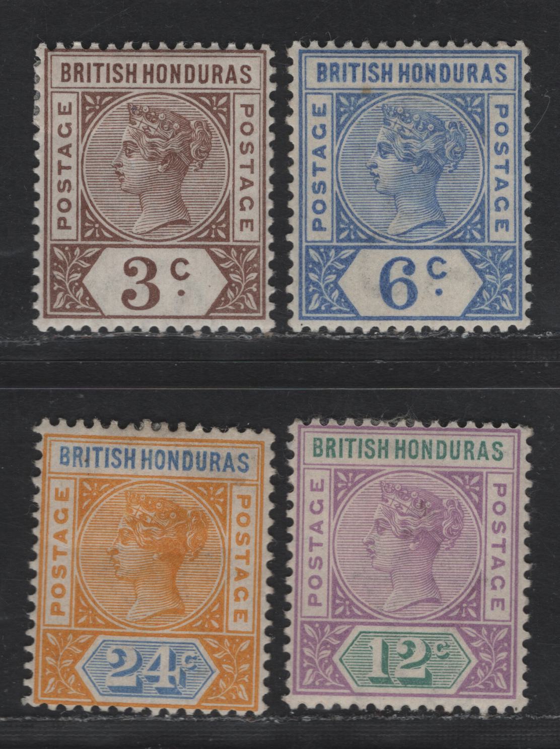Lot 83 (C) British Honduras SG#53, 56, 59-60 3c -24c Brown - Yellow & Blue Queen Victoria, 1891-1901 Queen Victoria Imperium Keyplates, 4 F/VFOG Singles