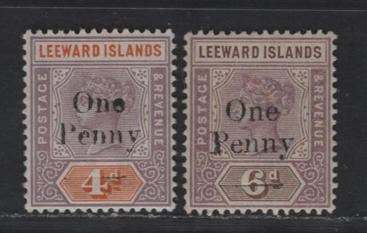 Lot 88 Leeward Islands SG#17-18 1d on 4d - 1d on 6d Dull Mauve & Orange - Dull Mauve & Brown Queen Victoria, 1902 Surcharge Issue, 2 VFNH Singles