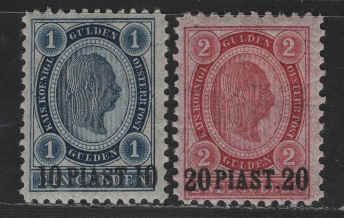 Lot 98 Austria - Offices In Turkish Empire SC#28-29 10pi on1gld - 20pi on 2gld Blue - Carmine Franz Joseph, 1892 Surcharged Issue, 2 F/VFOG Singles, Perf 10.5x11.5