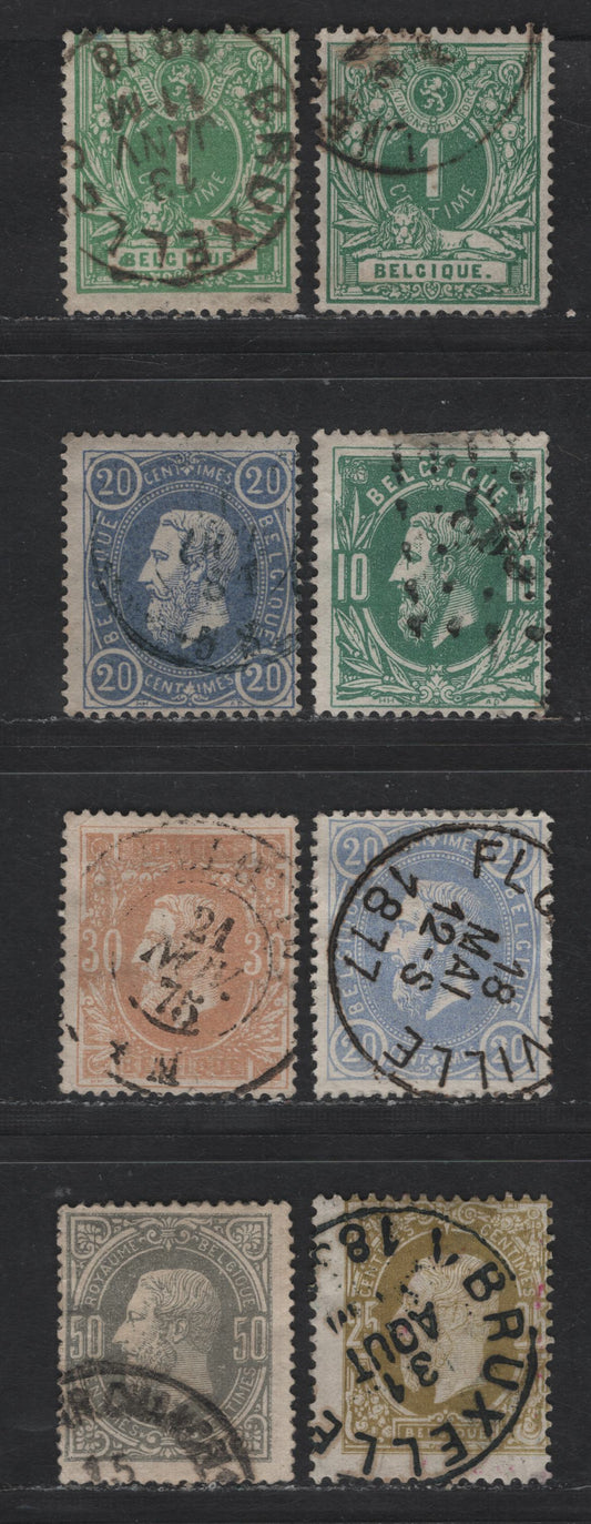 Lot 99 (C) Belgium SC#28, 32-34, 37-38 1c - 50c Green - Gray Numerals - leopold II, 1869-1878 Numeral - Leopold II Issues, 8 Fine/Very Fine Used Singles