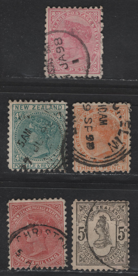 Lot 10 (C) New Zealand SG#240b, 241a, 242, 245, 237 1d - 1/- Rose - Red Rose Queen Victoria, 1895-1900 Second Sideface Issue, 5 Very Good/Fine Used Singles, 1d Die 3, Perf 11