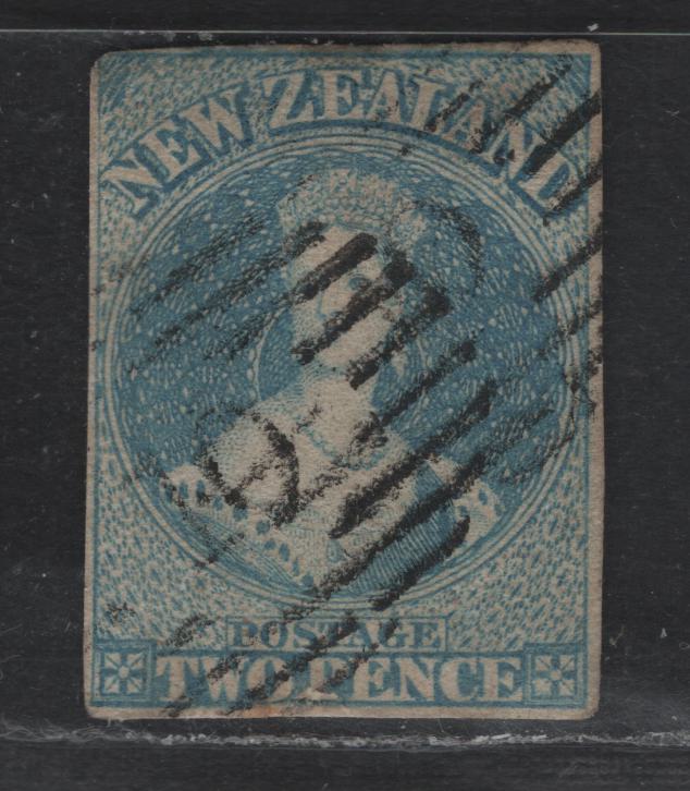 Lot 1 (C) New Zealand SG#98 2d Pale Blue Queen Victoria, 1864 Chalon Heads Issue, A Very Good Used Imperf Sinlge, Wmk NZ, Thick Soft Paper, Repaired Thin At Bottom.