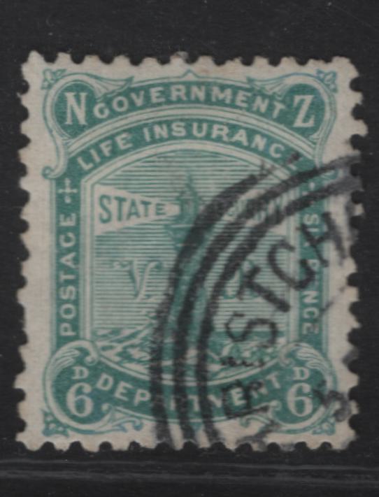 Lot 106 (C) New Zealand SG#L5 6d Green Lighthouse, 1891-1898 Life Insurance Department, A Fine Used Single, Star & NZ Wmk, Perf 12x11.5, Light Diaognal Crease, Nice Example, Usually Found Wildly Off Center.
