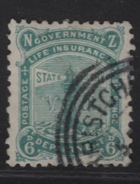 Lot 106 (C) New Zealand SG#L5 6d Green Lighthouse, 1891-1898 Life Insurance Department, A Fine Used Single, Star & NZ Wmk, Perf 12x11.5, Light Diaognal Crease, Nice Example, Usually Found Wildly Off Center.