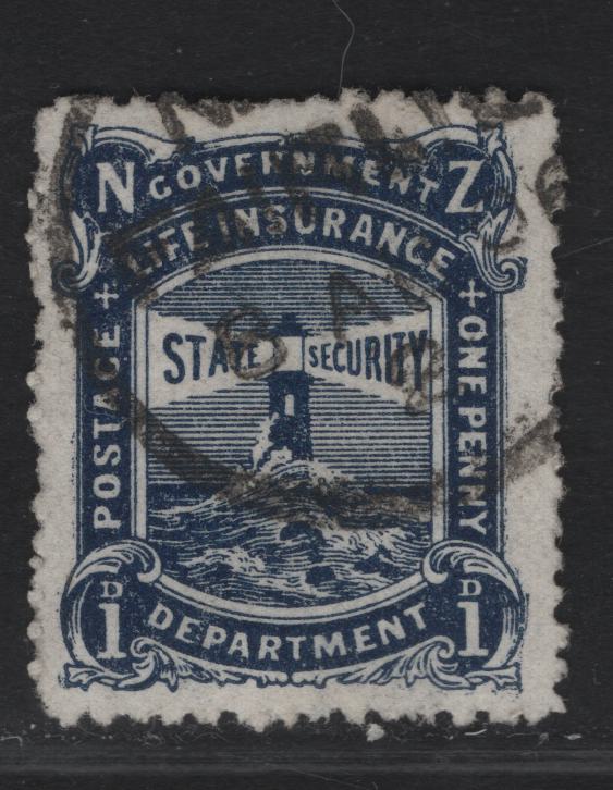 Lot 108 (C) New Zealand SG#L22 1d Blue Lighthouse, 1905-1906 Life Insurance Department, A Very Fine Used Single, Upper Right Omitted, Perf 14
